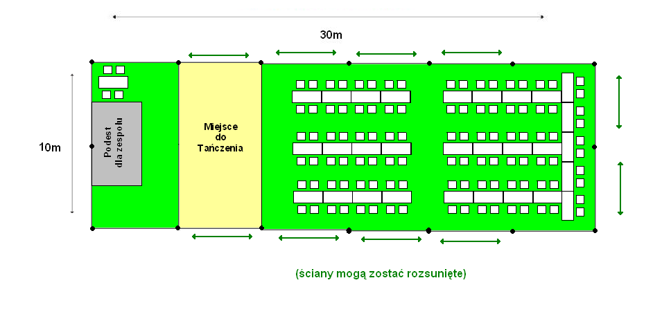 VIP 300 W namiocie VIP 300 oprócz części konsumpcyjnej przewidziana jest część taneczna tj. dla zespołu muzycznego oraz miejsce do tańczenia. Goście weselni siedzą prostopadle do Państwa młodych.