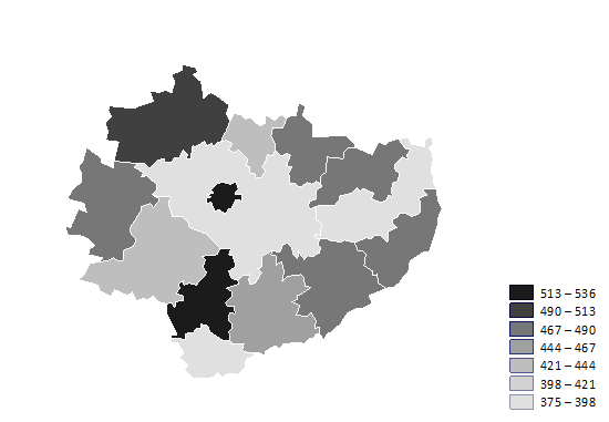 Mapa 3. Rozkład geograficzny zachorowalności mężczyzn na nowotwory złośliwe ogółem w powiatach województwa świętokrzyskiego w 2013 roku. i surowe Map 3.