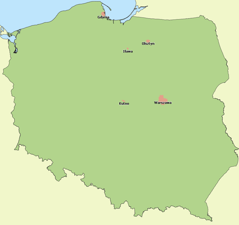 Moduł mapy Mapy i obszary kraju zaimplementowane w systemie: mapa lądowa - Olsztyn, Gdynia, Iława, Kutno; mapa morska - południowa część morza