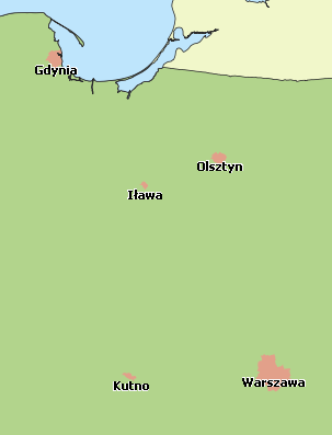 Moduł mapy Mapy i obszary kraju zaimplementowane w systemie: mapa lądowa - Olsztyn, Gdynia, Iława, Kutno; mapa morska - południowa część morza