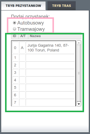 17 Aplikacja dzieli się na 2 tryby: 1. Tryb przystanków W tym trybie użytkownik ma możliwość tworzenia, usuwania i zmieniania przystanków na mapie.