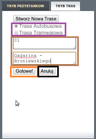19 2. Tryb tras W tym trybie użytkownik ma możliwość tworzenia, edycji oraz usuwania tras autobusowych lub tramwajowych.