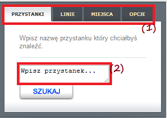 (1) Tramwaje oznaczone są kolorem zielonym. Pomarańczowa obwódka wskazuje że obiekt jest aktualnie zaznaczony. (2) Autobusy oznaczone są kolorem niebieskim. Strzałka wskazuje kierunek ruchu pojazdu.