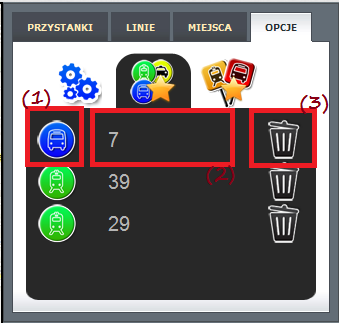 6 Ulubione obiekty: (1) Miniaturka ulubionego pojazdu, wskazuje na typ pojazdu. (2) Ulubiona linia pojazdu danego typu. Nie da się dodać dwóch takich samych linii.