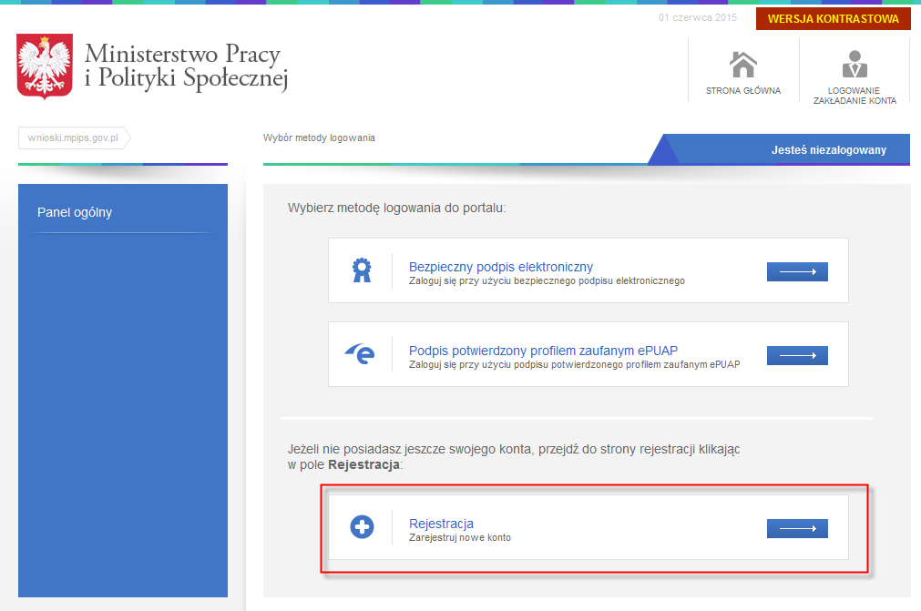 1. Rejestracja w module ewnioski Przechodzimy na stronę: www.empatia.mpips.gov.