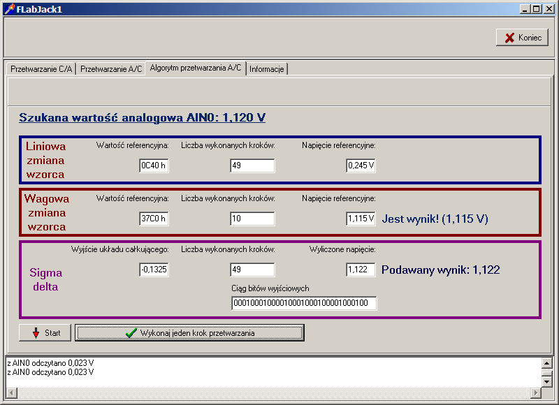 4. Algorytm przetwarzania A/C W zakładce Algorytm przetwarzania A/C zbadad można sposób ustalania wartości analogowej napięcia, doprowadzonego do wejścia przetwornika.