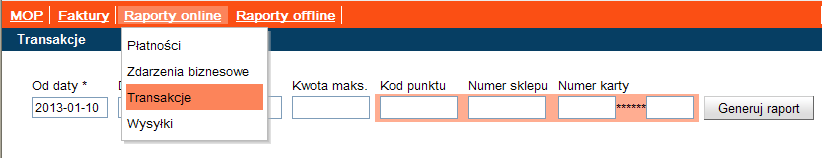 1. Na górnym pasku menu należy wybrać pozycję Raporty online i następnie Transakcje Rys. 2.17 Ekran wyboru raportów 2.