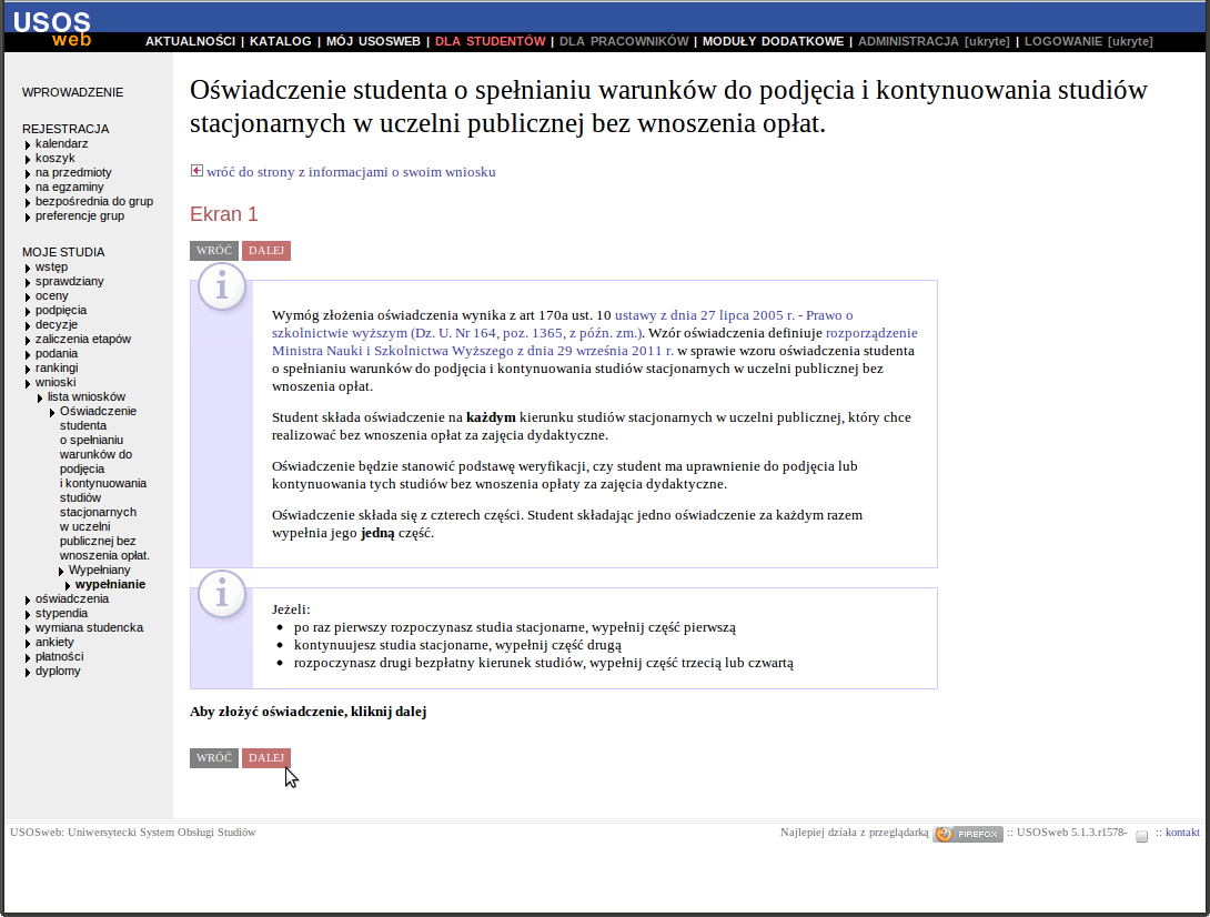 Rysunek 2 Ekran 1 oświadczenia studenta informacyjny Po wyborze pierwszej części oświadczenia student powinien wybrać z listy program oraz kierunek.
