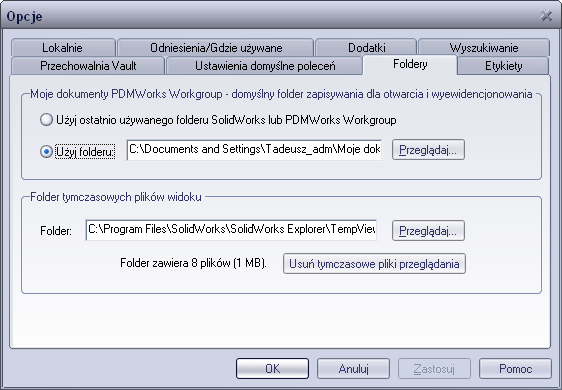 Rys. 5.2 Ustawianie folderu SolidWorks Workgroup PDM. Wyewidencjonowanie i otwieranie dokumentów przechowalni Należy zaznaczyć dokument w widoku przechowalni.