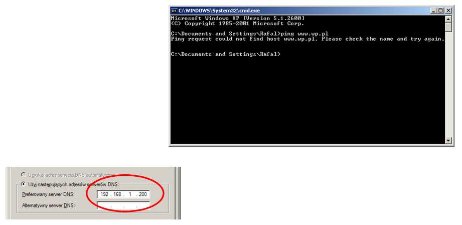 Klient DNS, konfiguracja Błąd adresu serwera