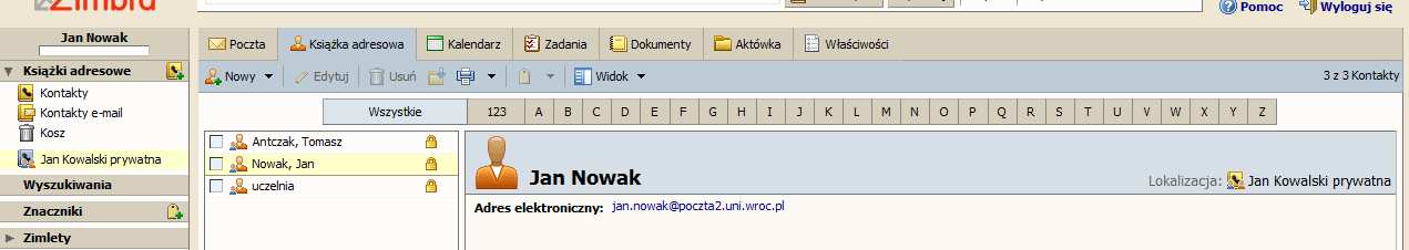 W oknie jakie się pojawi wpisujemy adres e-mail osoby z domeny uni.wroc.pl, której chcemy udostępnić naszą książkę adresową.