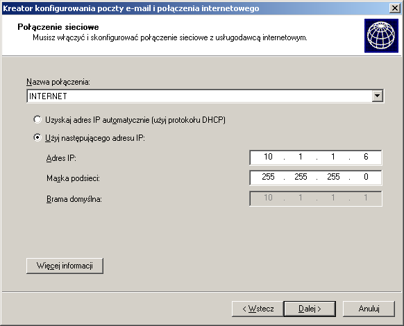 JeŜeli router posiada funkcję serwera DHCP, zaznaczamy : "Uzyskaj adres IP automatycznie ( uŝyj protokołu DHCP )" W przypadku, gdy router nie posiada takiej funkcjonalności, musimy wpisać ręcznie