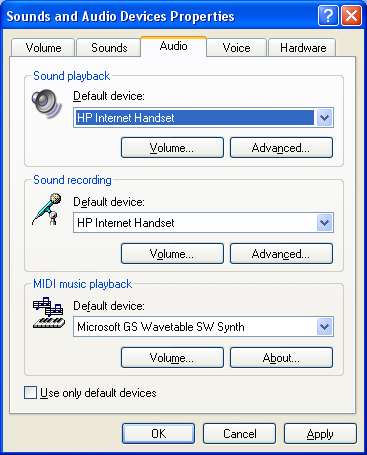 Przywracanie karty dźwiękowej jako domyślnego urządzenia audio Po zainstalowaniu telefonu HP Internet Handset na komputerze, jest on automatycznie ustawiany przez system Windows jako domyślne