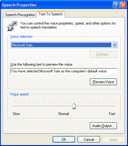 Speech Properties (Właściwości Głosu) Okno właściwości głosu pozwala na konfigurację oprogramowania Microsoft typu TTS, Text to Speech, (służące do generowania głosu ze źródła tekstowego) i wyszkolić