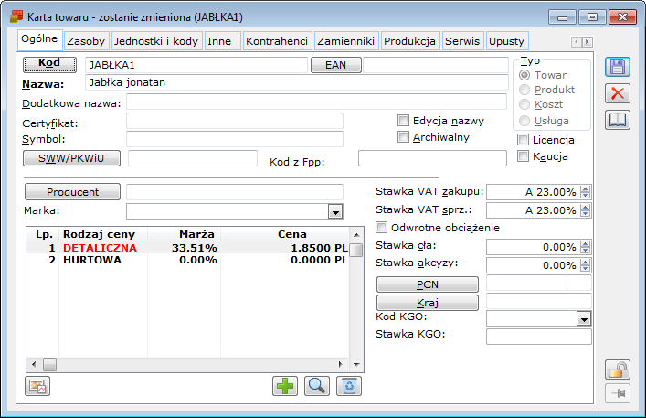 1.5.3 Wyświetlanie list Rys. 1.17 Wymagalne pola: Kod i Nazwa, w oknie: Karta towaru. Listy mogą być wyświetlone w trybie zwykłym lub w trybie zwanym: multiselect.