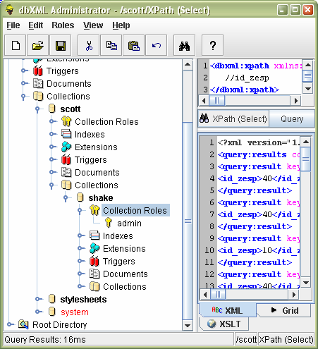 <query:results xmlns:query="http://www.dbxml.com/db/query" col="/scott"> <query:result key="pracownicy.xml"> <id_zesp>40</id_zesp> <query:result key="pracownicy.