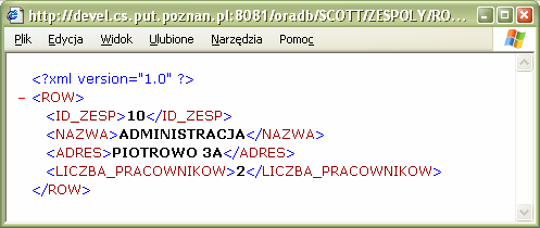 W związku z tym, że servlet dburi potrafi obsłużyć żądania z wykorzystaniem wyrażeń ścieżkowych podobnych do wyrażeń XPath zadaj zapytanie dotyczące zespołu o identyfikatorze 10 z wykorzystaniem