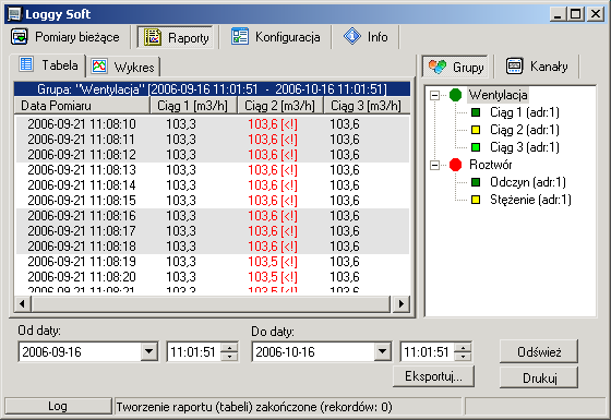 3.2.1.Zakładka Tabela Rys. 3.3. Raporty - Zakładka Tabela Zakładka Tabela (Rys. 3.3) służy do drukowania informacji o zarejestrowanych pomiarach (np.