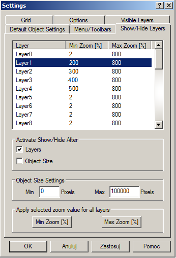 3. Po zorganizowaniu przydziałów obiektów do poszczególnych warstw przechodzimy w ustawienia ich widoku bezpośrednio z poziomu edytora Graphics Designer (View -> Layers).