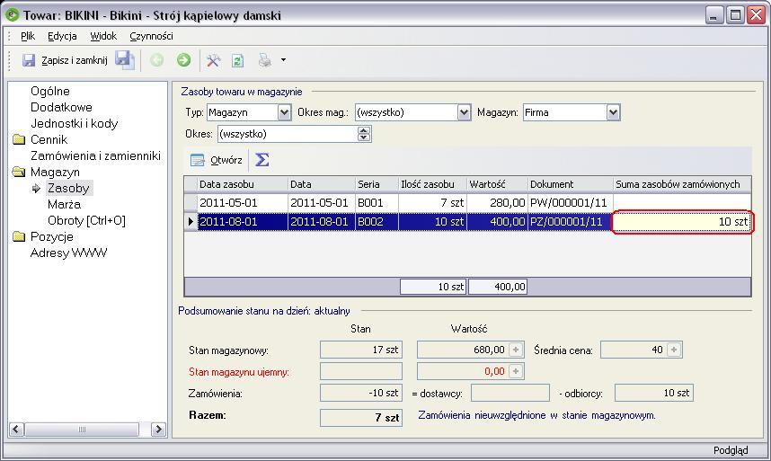 W obu przypadkach, informacja o ilości zamówionej dla danego
