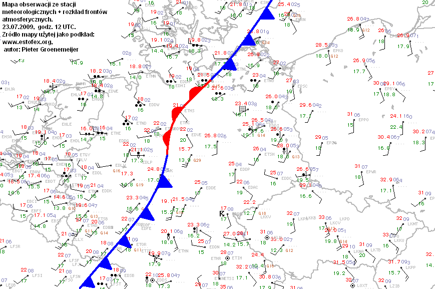 Mapa obserwacji ze stacji (dostosowana przez autorów na potrzeby opracowania): Nad Niemcami widoczny jest pofalowany front atmosferyczny.