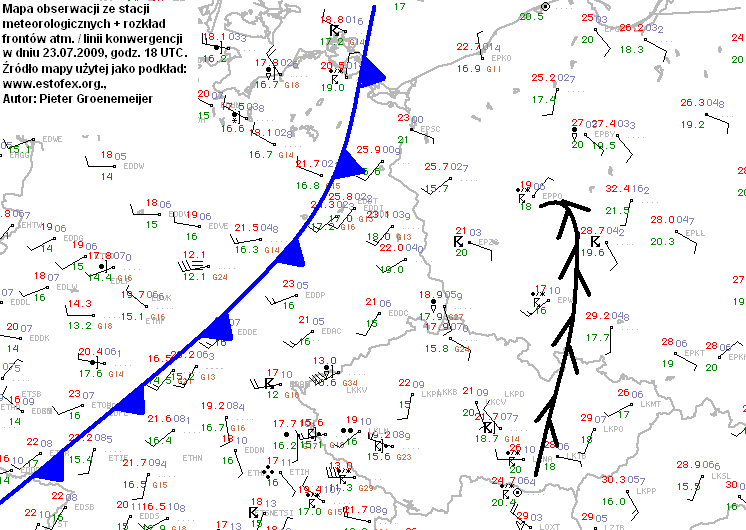 Mapa obserwacji ze stacji (dostosowana przez autorów na potrzeby opracowania): Widoczna jest występująca jeszcze przed frontem chłodnym linia zbieżności wiatrów (w Polsce środkowej wieje z