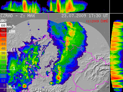 Obrazek 6: Obraz maksymalnej odbiciowości radarowej opadów wygenerowany przez system CZRAD z godziny 19:30 UTC (Źródło: Český hydrometeorologický ústav CHMI, www.chmi.cz).