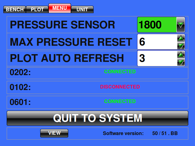 Menu Typ czujnika ciśnienia Czas pomiaru ciśnienia MAX Czas Automatycznego Odświeżania Wykresu Status Połączeń Wyjscie do systemu Przycisk VIEW Wersja programu Typ czujnika ciśnienia (PRESSURE