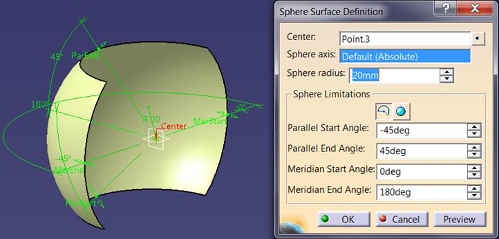 Definicja powierzchni o kształcie predefiniowanym CATIA V5 Sphere Funkcjonalność zawarta w oknie dialogowym: Center środek powierzchni sferycznej Sphere Axis oś obrotu sfery