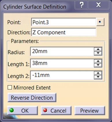 Definicja powierzchni o kształcie predefiniowanym CATIA V5 Cylinder Funkcjonalność zawarta w oknie dialogowym: Point wyznaczenie środka podstawy powierzchni