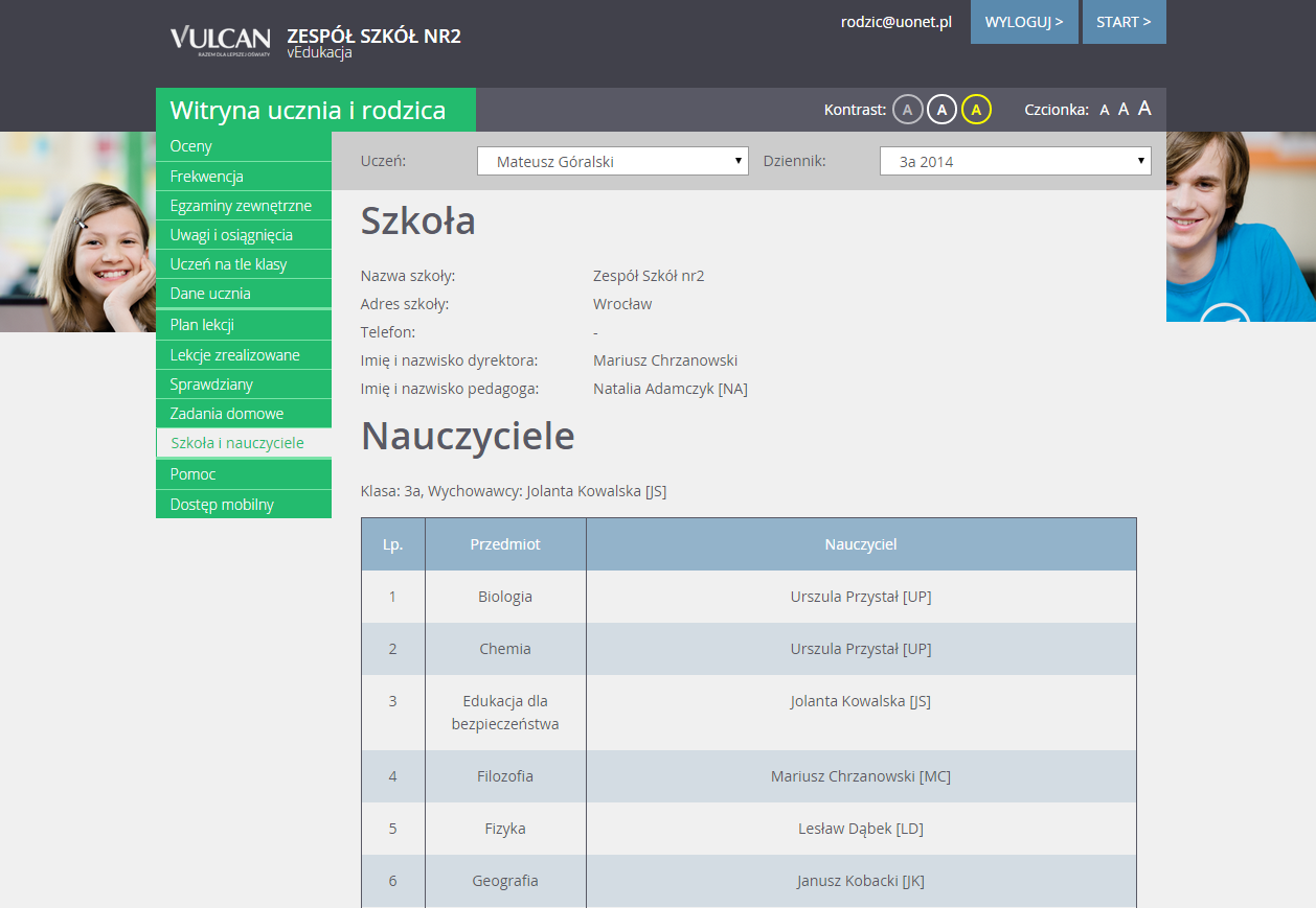 Przeglądanie informacji o uczniu Korzystanie z karty Szkoła i nauczyciele W tym widoku użytkownik może zobaczyć dane szkoły, wychowawców i nauczycieli uczących poszczególnych przedmiotów.