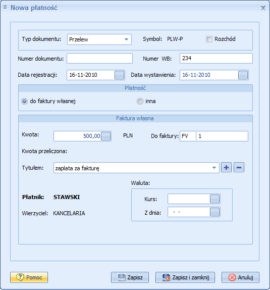 Finanse Wprowadzono możliwość rejestracji dowolnej płatności. W oknie nowej płatności deklaruje się, czy jest to płatność do faktury sprzedaży czy inna płatność.