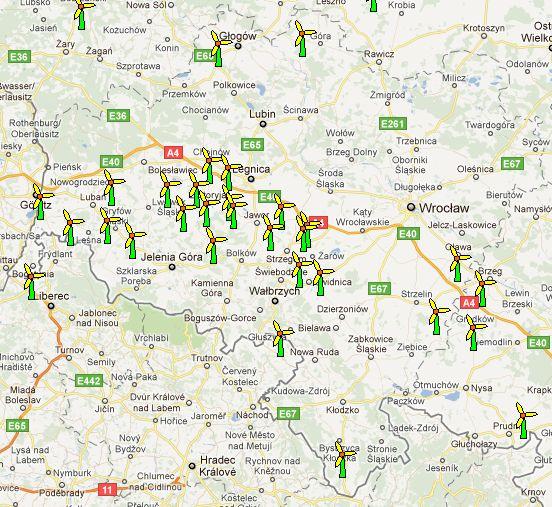 AKTUALIZACJA STUDIUM PRZESTRZENNYCH UWARUNKOWAŃ Mapa protestów przeciw lokalizacji turbin wiatrowych, fragment mapy dla obszaru województwa dolnośląskiego Źródło: http://www.stopwiatrakom.