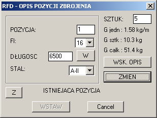 160 AutoCAD Konstrukcje budowlane W polu POZYCJA wstawiany jest automatycznie pierwszy wolny numer pozycji zbrojenia.