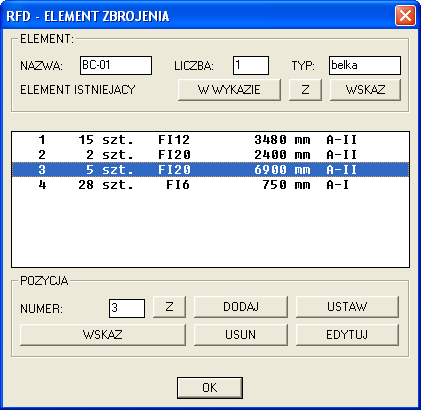 162 AutoCAD Konstrukcje budowlane W grupie ELEMENT umieszczono pola NAZWA, LICZBA i TYP pozwalające na zmianę liczby sztuk i typu elementu, oraz wczytywanie innego istniejącego na rysunku elementu.