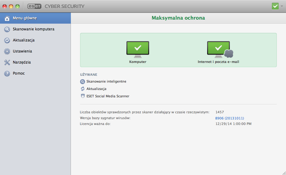 Interfej s użytkownika W sekcji Menu główne prezentowane są informacje o bieżącym poziomie ochrony komputera. Skanowanie komputera to ważny element każdego systemu antywirusowego.