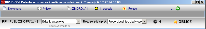 Wybór trybu pracy kalkulatora : Dla obliczania odsetek z tytułu opóźnienia/zwłoki stosować można następujące stopy odsetek: Rozdzielanie wpłat na należności główne i odsetki może odbywać wg jednego z