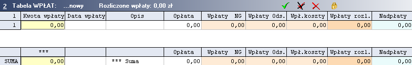 Rys. 4.1.4 Tabela WPŁAT do której wprowadza się wykaz wpłat które mają być użyte do rozliczenia należności podanych w tabeli należności. Jeden wiersz tabeli odnosi się do jednej wpłaty.
