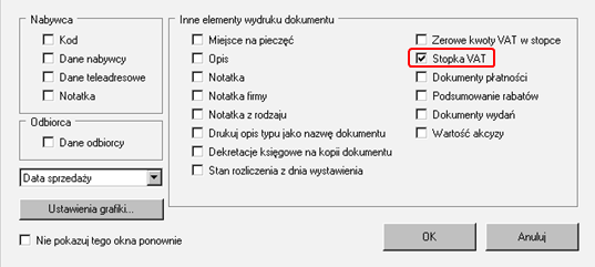 Po zaznaczeniu pola Pokazuj Ustawienia raportu otwiera się okno ustawień wydruku z polami wyboru pozostałych parametrów przygotowywanego raportu.