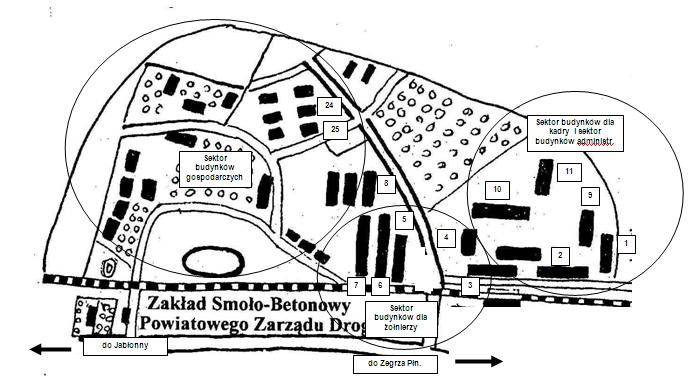 Pozostałe budynki były przeznaczone na składy, magazyny, warsztaty, stajnie, wozownie i ustępy 61. Mapa 2. Plan kompleksu koszarowego w Zegrzu Południowym Źródło: opracowanie własne na podstawie A. M. Kurtyczowie, Zegrze-Wola Kiełpińska.