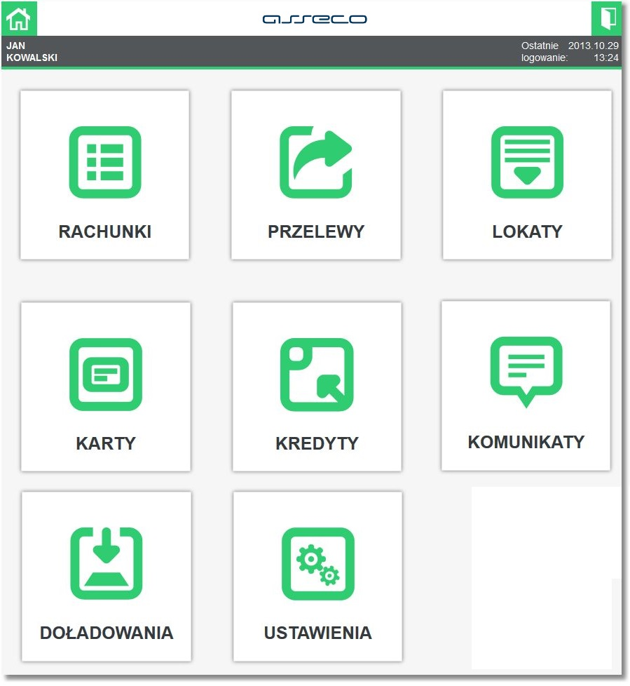 Dodatkowo na stronie głównej w górnym pasku nad menu aplikacji prezentowane są dane zalogowanego użytkownika oraz data i godzina ostatniego logowania do aplikacji mobilnej def2500/reb.