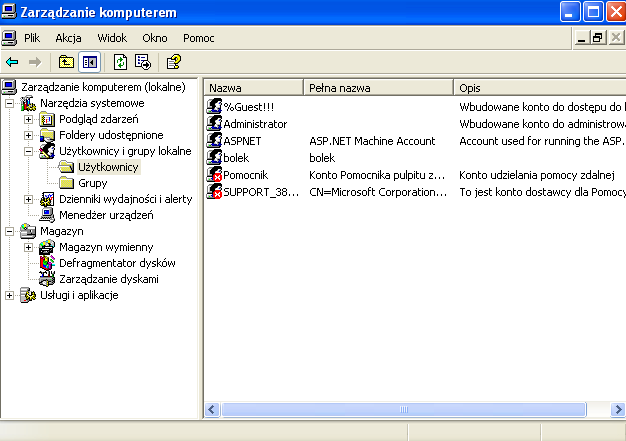 Rysunek 2. Lista użytkowników komputera lokalnego 5. Kliknij prawym przyciskiem myszy puste pole w oknie szczegółów lub folder Użytkownicy w drzewie konsoli. Pojawi się menu podręczne. 6.