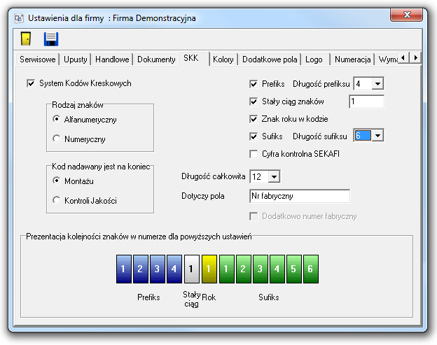 System Kodów Kreskowych Zakładka określająca, czy używany jest system kodów kreskowych, oraz parametry