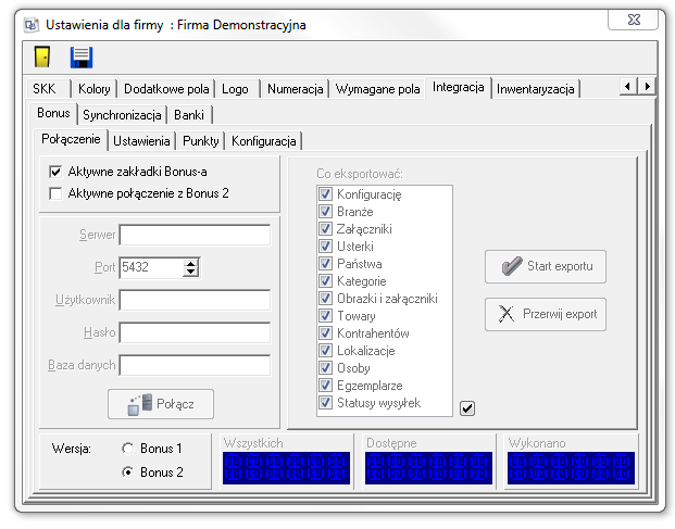 Integracja Bonus Określa parametry integracji z aplikacją Bonus serwer, port, użytkownika, hasło i