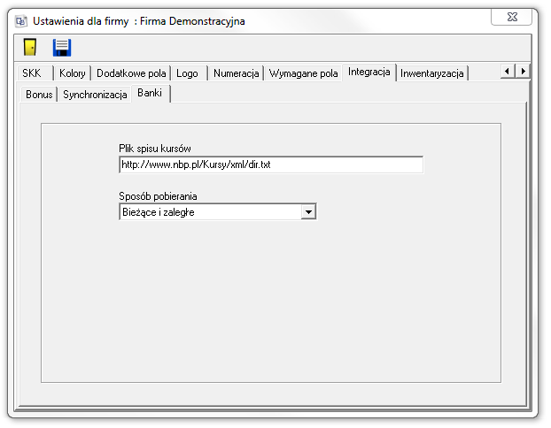 Integracja Banki Zawiera ustawienia synchronizacji kursów walut plik spisu kursów oraz sposób pobierania.