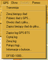 Menu GPS: - Transmija Parametry transmisji podłączonego urządzenia GPS. - Zeruj... Skasowanie z pamięci zapisanego śladu GPS. - Pobierz... Pobranie śladu z urządzenia (dla urządzeń GARMIN). - Otwórz.
