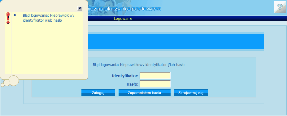Aktywacja i konfiguracja konta użytkownika składającego formularz Rysunek: "Panel konta użytkownika po zalogowaniu do systemu" W przypadku wpisania błędnego hasła lub identyfikatora zostanie