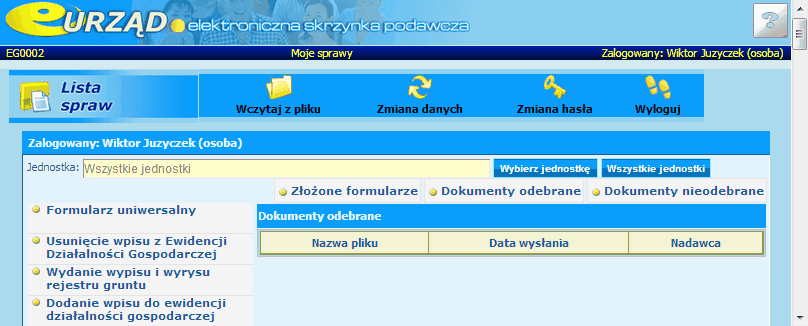 Rysunek: "Lista złożonych formularzy" Widok dokumenty odebrane przyjmuje postać: Rysunek: "Widok Dokumenty odebrane" W widoku tym pojawia