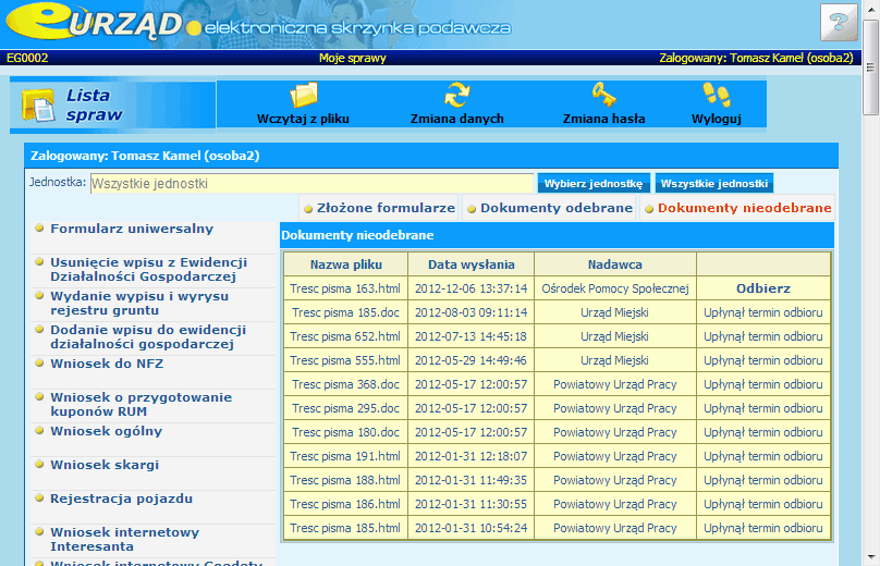 Rysunek: "Widok Dokumenty nieodebrane" W widoku tym pojawiają się podstawowe informacje wraz z informacją o statusie.