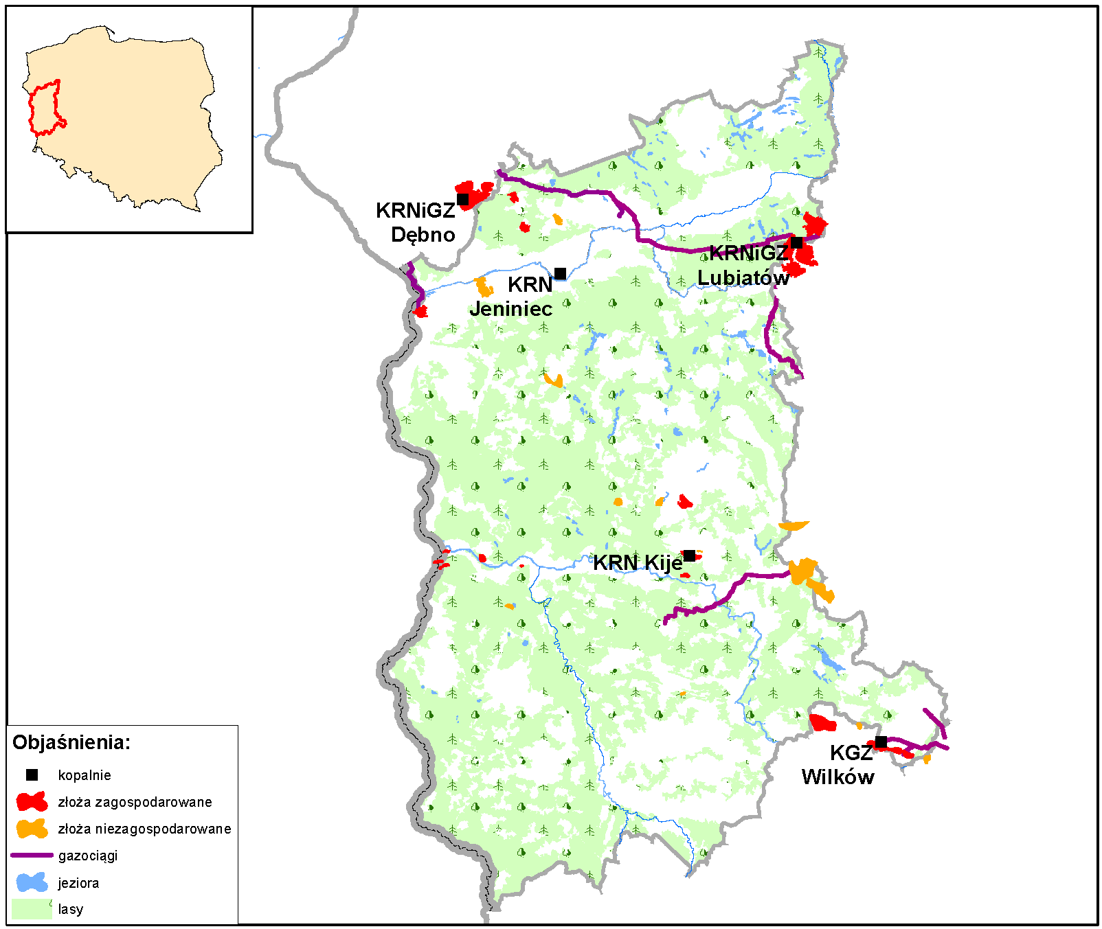 Rozmieszczenie złóż węglowodorów w województwie lubuskim Zasoby wydobywalne* (stan na 30.06.2014 r.